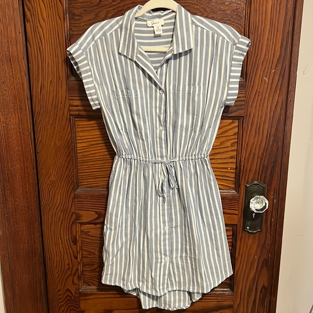 Small blue and white striped button down dress